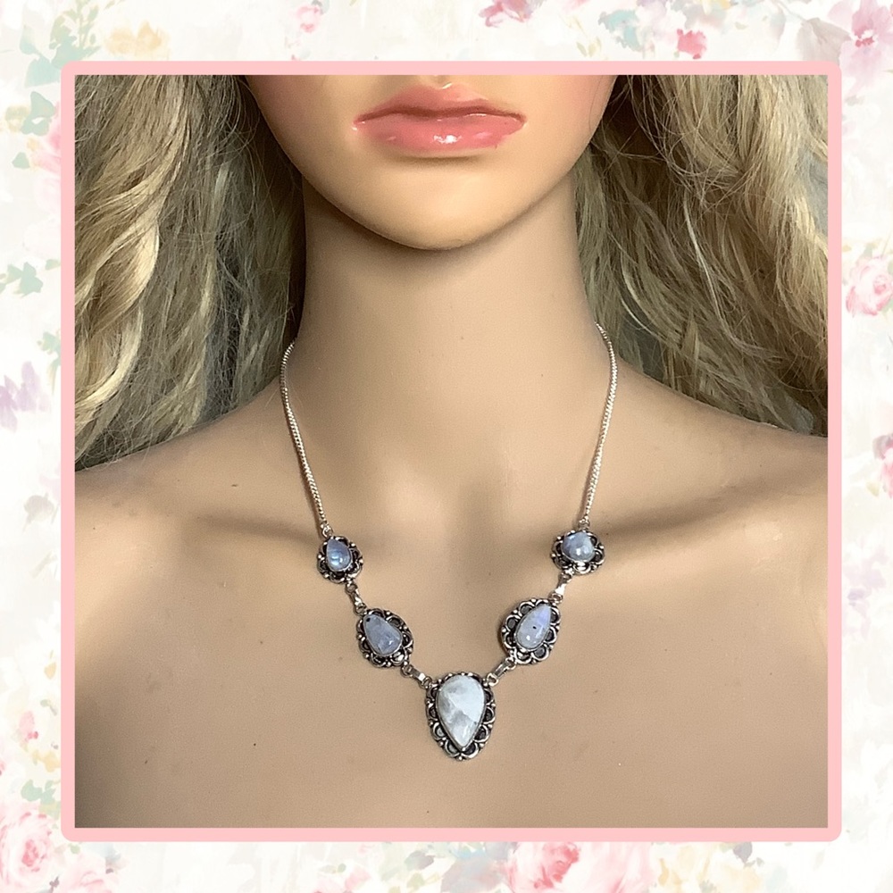 🌸 MOONSTONE NECKLACE NATURAL 925 STERLING SILVER 16” PENDANT 5 GEMSTONE CELTIC